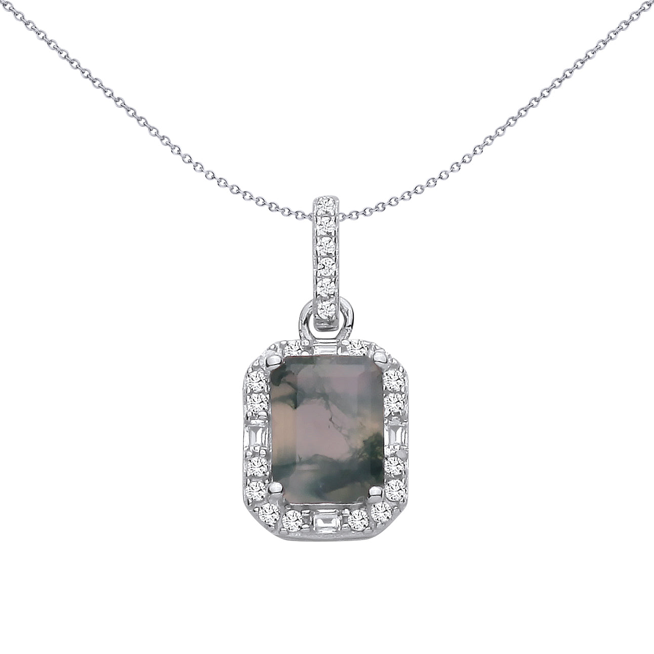 Silver  Grey Moss Agate CZ Spooky Forest Octagon Halo Pendant - GVP726