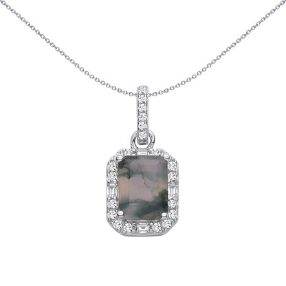 Silver  Grey Moss Agate CZ Spooky Forest Octagon Halo Pendant - GVP726