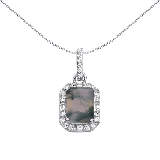 Silver  Grey Moss Agate CZ Spooky Forest Octagon Halo Pendant - GVP726