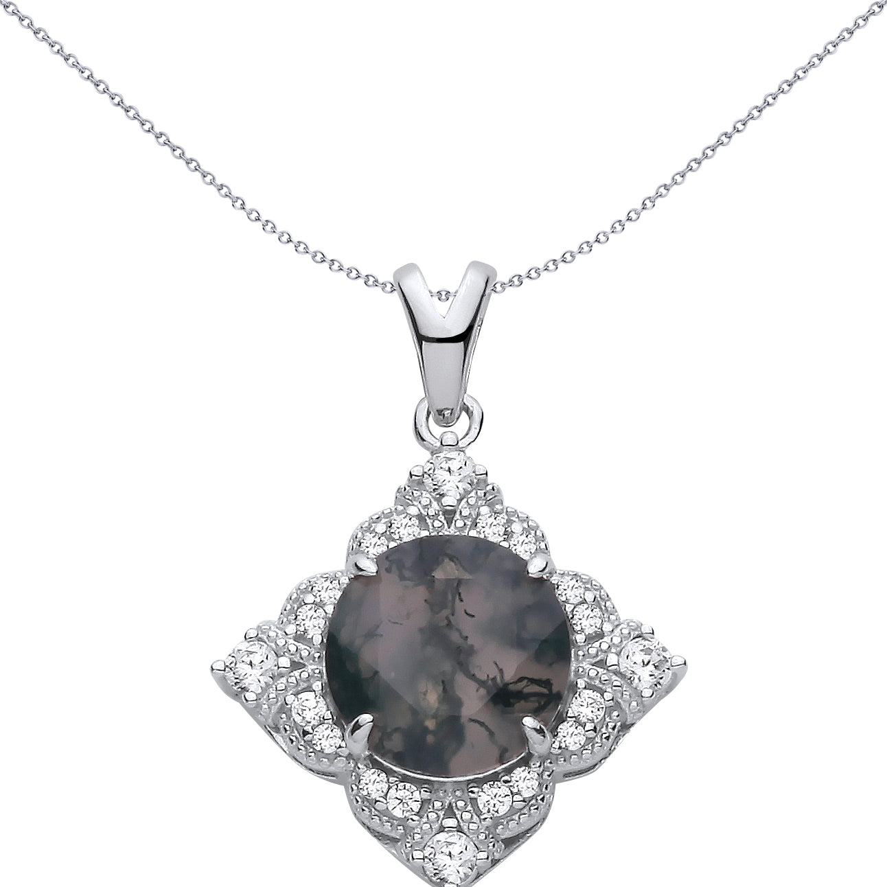 Sterling Silver  CZ & Moss Agate Fancy Pendant - GVP727