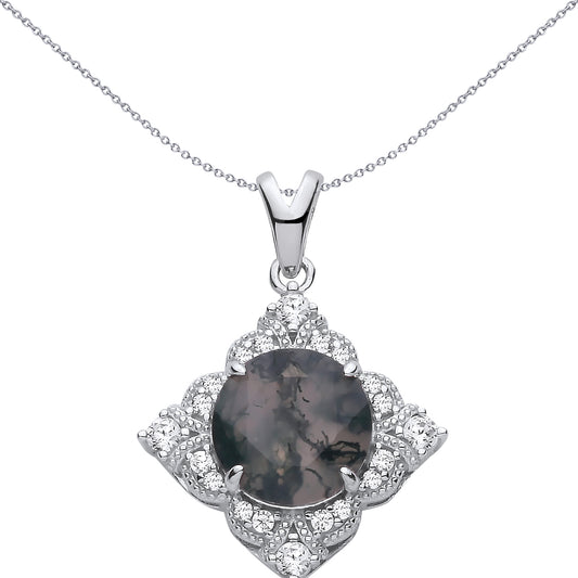 Sterling Silver  CZ & Moss Agate Fancy Pendant - GVP727