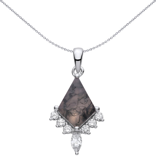 Sterling Silver  CZ & Moss Agate Kite Cut Fancy Pendant - GVP729