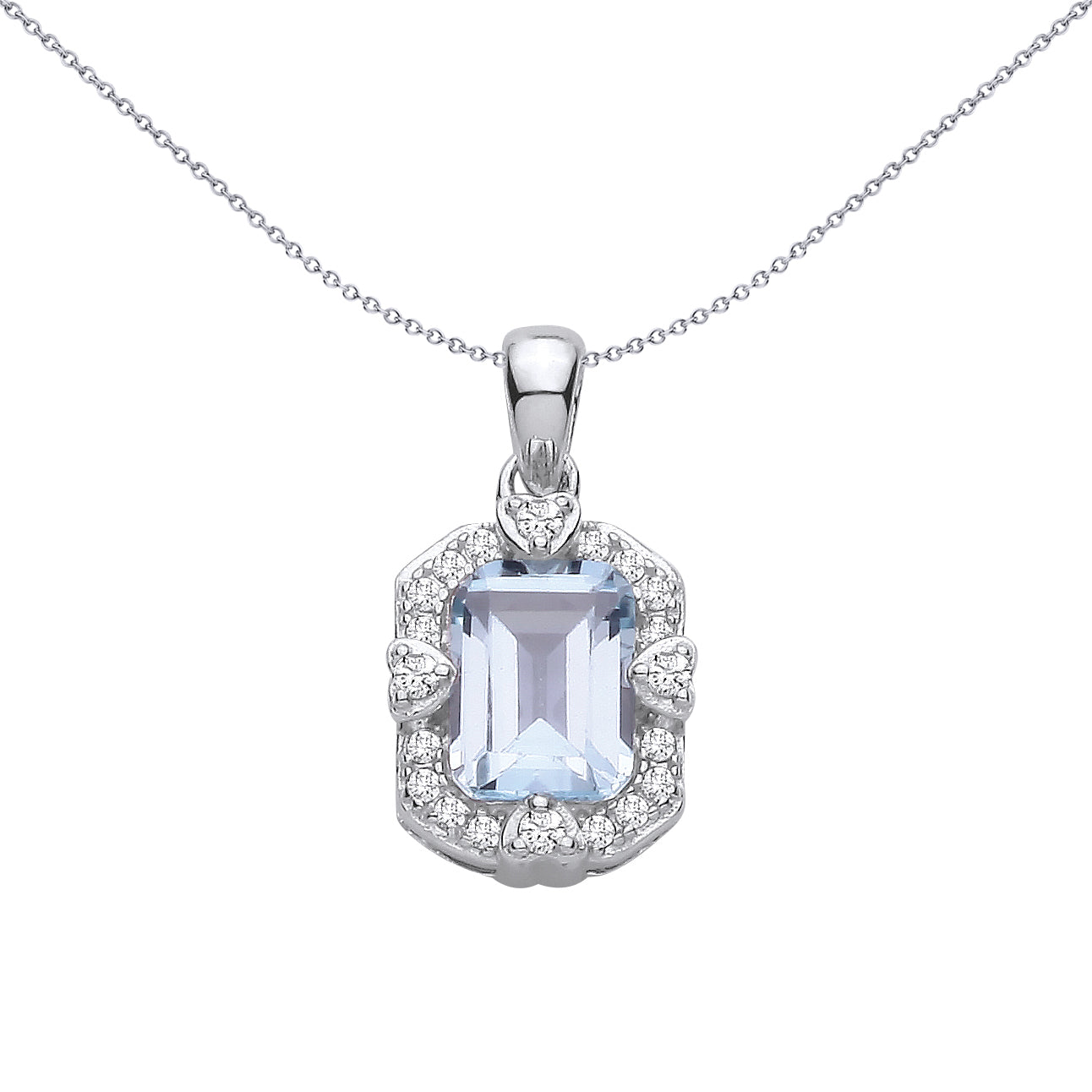 Silver  Blue Emerald CZ Love Heart Icy Glow Halo Charm Pendant - GVP730