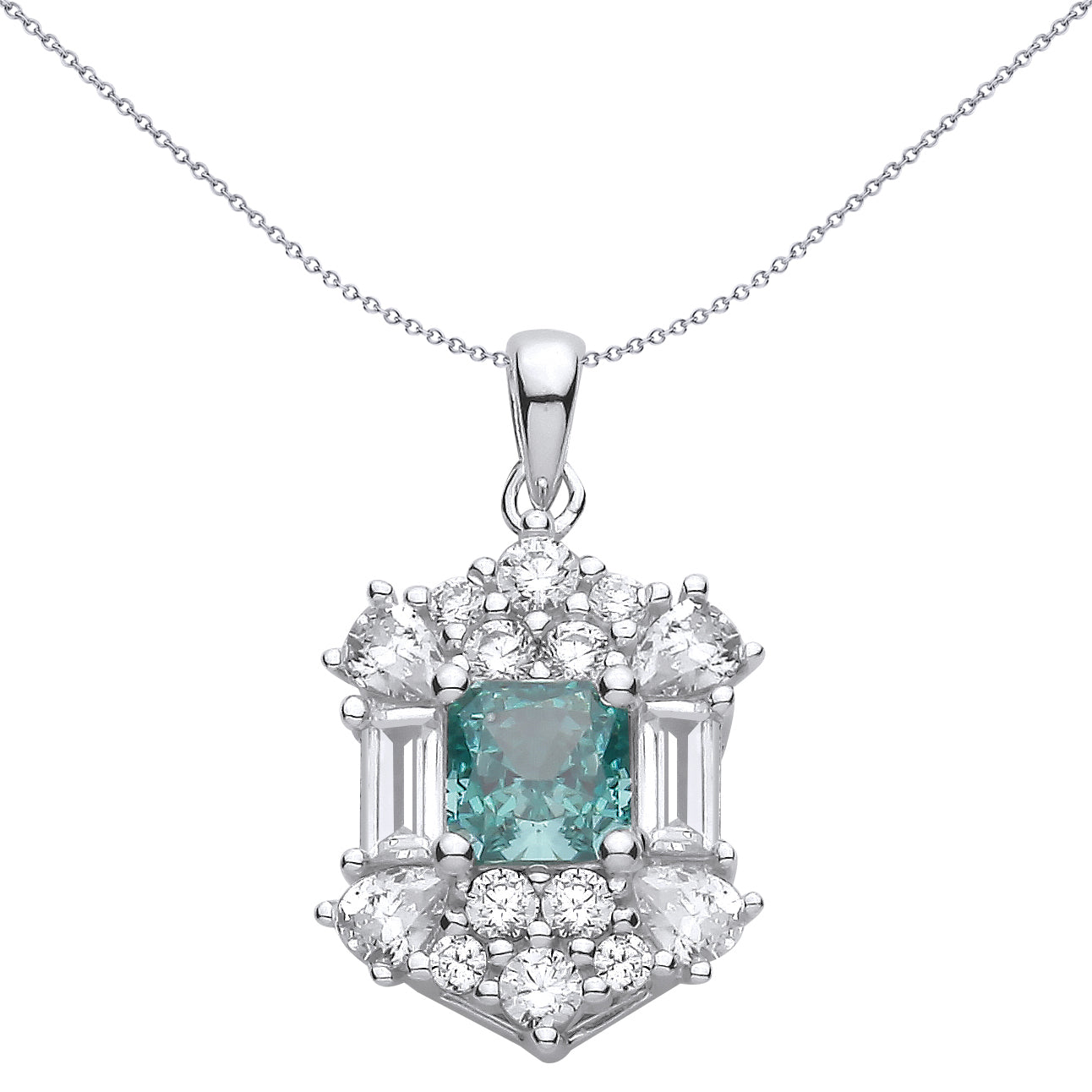 Silver  Blue Octagon Pear CZ Mystic Icy Fiery Art Deco Pendant - GVP731