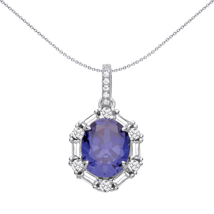 Silver  Blue Oval & Baguette CZ Magic Mirror Solitaire Pendant - GVP732