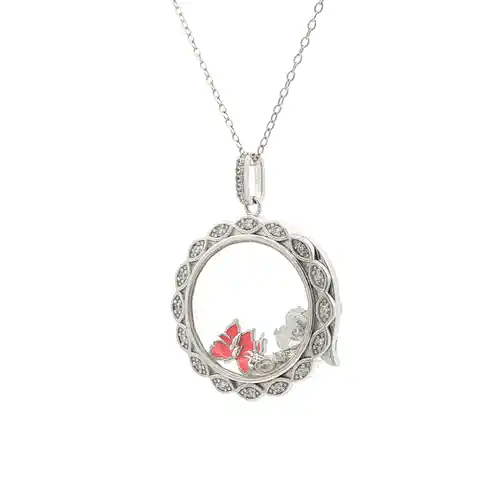 Silver  CZ Twist Faceted Glass  Butterfly Flower Locket Pendant - GVP733