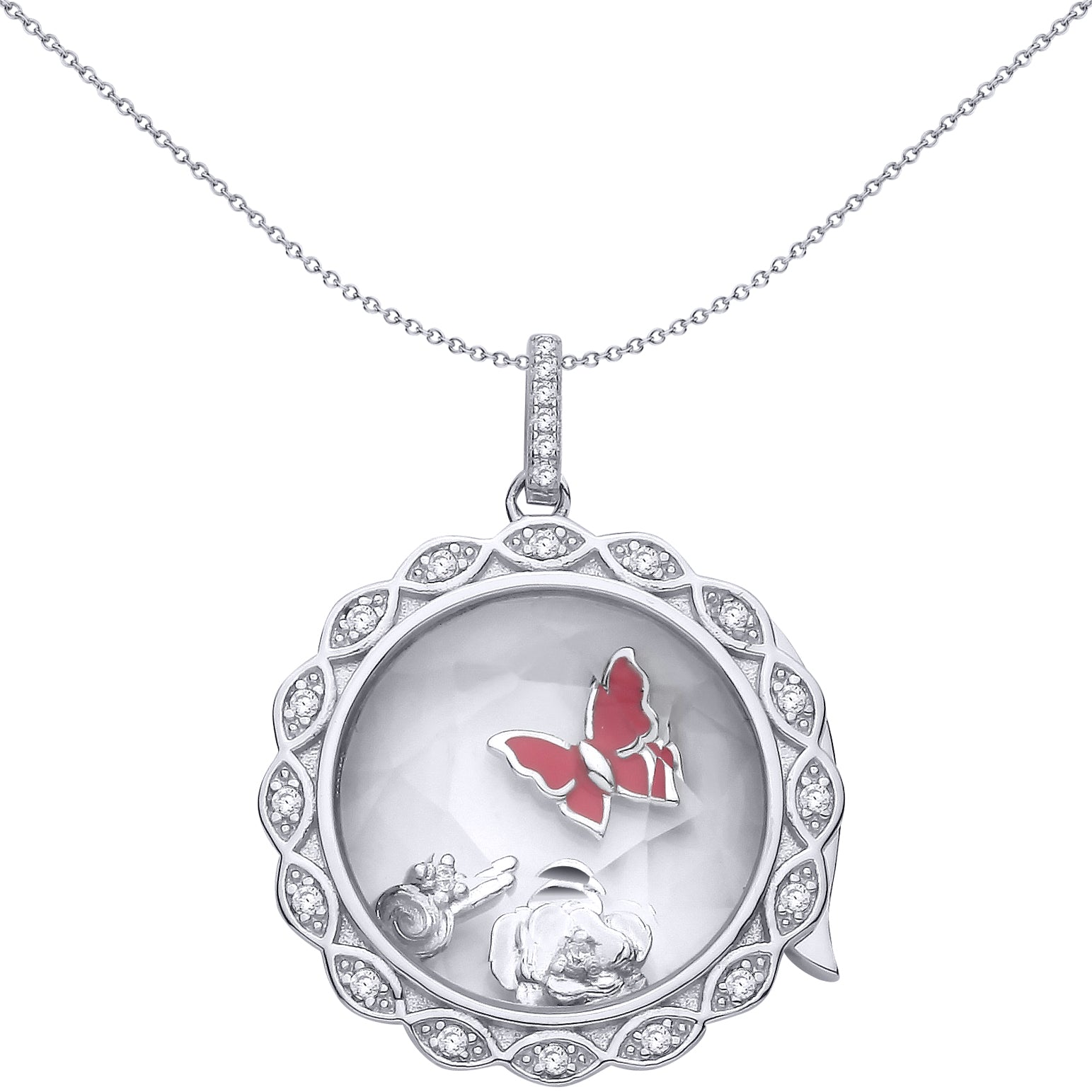 Sterling Silver  CZ Glass Pendant With Butterfly & Flower Charm Inserts - GVP733