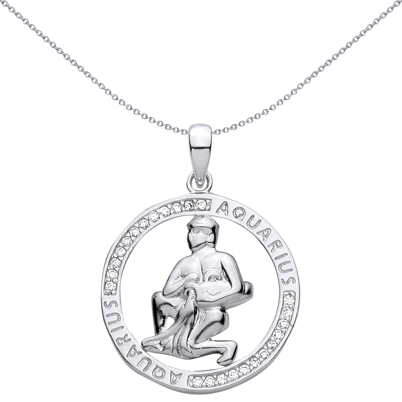 Silver  CZ Semi-set Halo Circle Zodiac Aquarius Charm Pendant - GVP736AQ