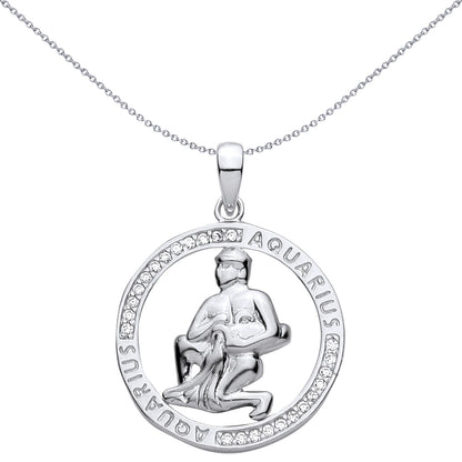 Silver  CZ Semi-set Halo Circle Zodiac Aquarius Charm Pendant - GVP736AQ