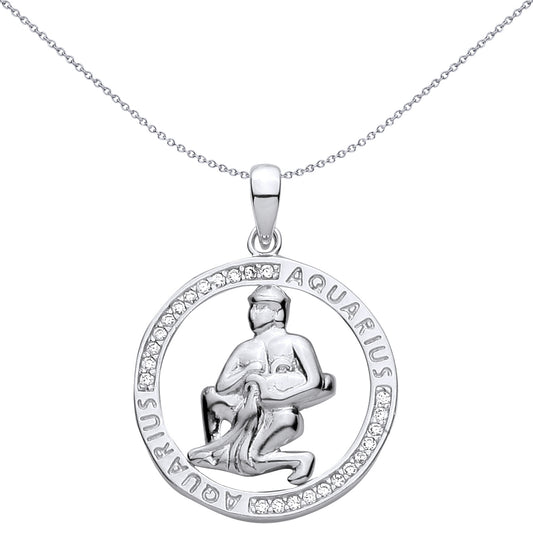 Silver  CZ Semi-set Halo Circle Zodiac Aquarius Charm Pendant - GVP736AQ