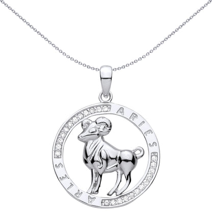 Silver  CZ Semi-set Halo Circle Zodiac Aries Ram Charm Pendant - GVP736AR