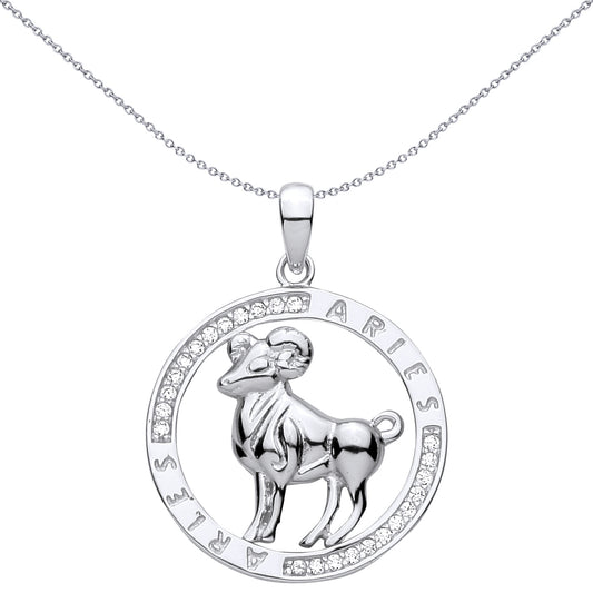 Silver  CZ Semi-set Halo Circle Zodiac Aries Ram Charm Pendant - GVP736AR