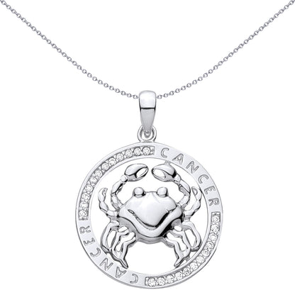 Silver  CZ Semi-set Halo Circle Zodiac Cancer Crab Charm Pendant - GVP736CAN