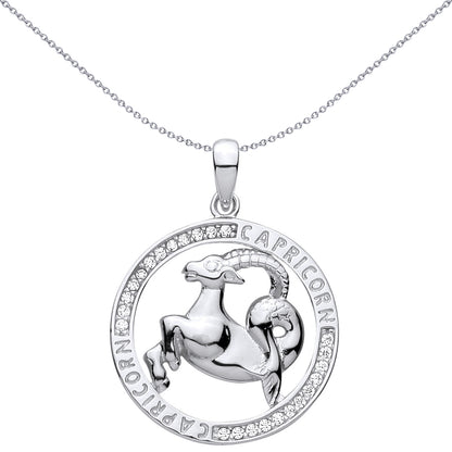 Silver  CZ Semi-set Halo Circle Zodiac Capricorn Goat Pendant - GVP736CAP