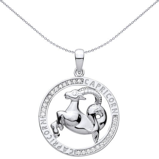 Silver  CZ Semi-set Halo Circle Zodiac Capricorn Goat Pendant - GVP736CAP