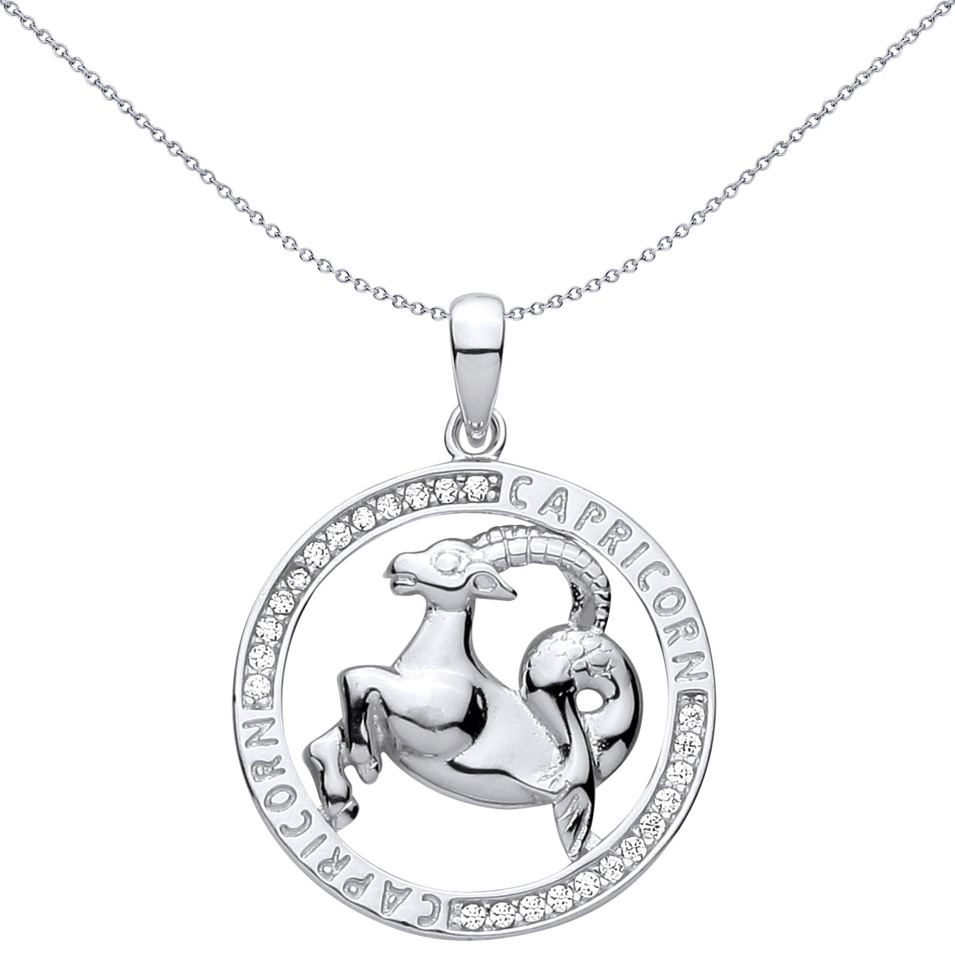 Silver  CZ Semi-set Halo Circle Zodiac Capricorn Goat Pendant - GVP736CAP