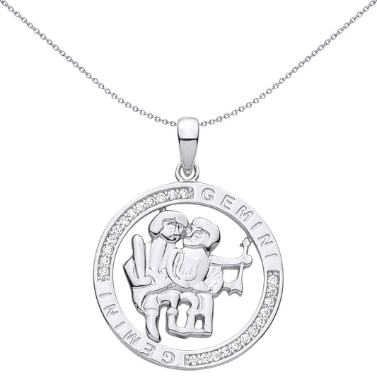 Silver  CZ Semi-set Halo Circle Zodiac Gemini Twins Charm Pendant - GVP736GE