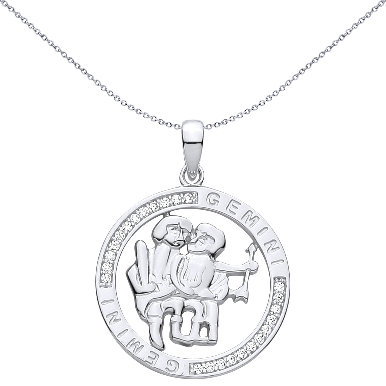 Silver  CZ Semi-set Halo Circle Zodiac Gemini Twins Charm Pendant - GVP736GE