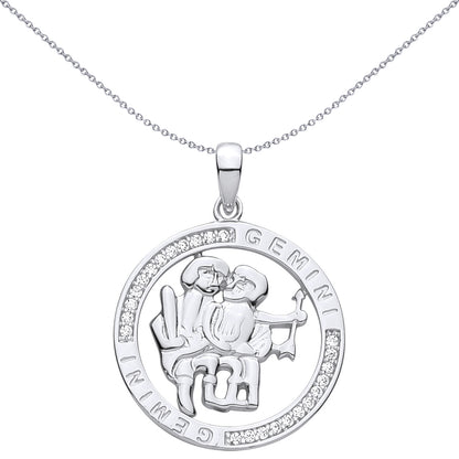 Silver  CZ Semi-set Halo Circle Zodiac Gemini Twins Charm Pendant - GVP736GE