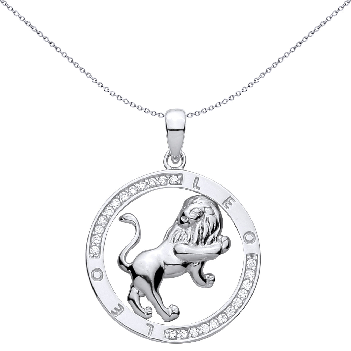 Silver  CZ Semi-set Halo Circle Zodiac Leo Lion Charm Pendant - GVP736LE