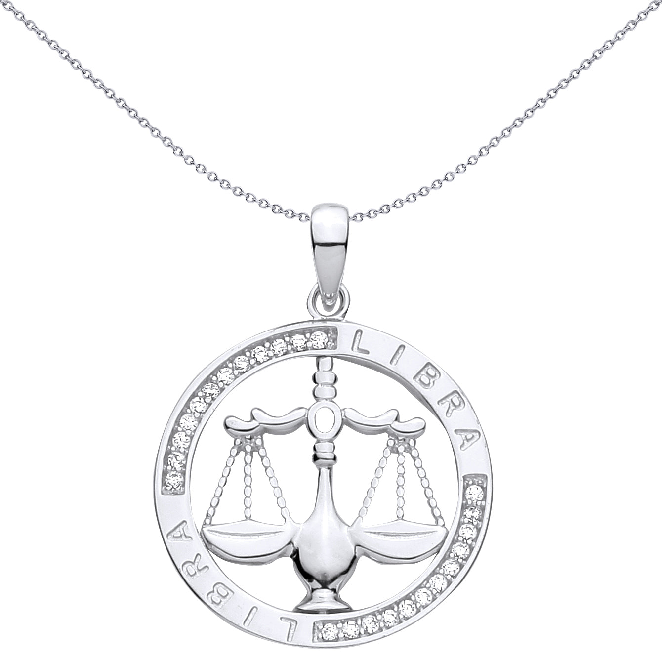Silver  CZ Semi-set Halo Circle Zodiac Libra Scales Charm Pendant - GVP736LI