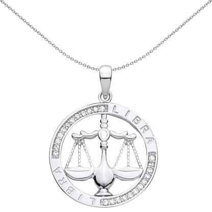 Silver  CZ Semi-set Halo Circle Zodiac Libra Scales Charm Pendant - GVP736LI