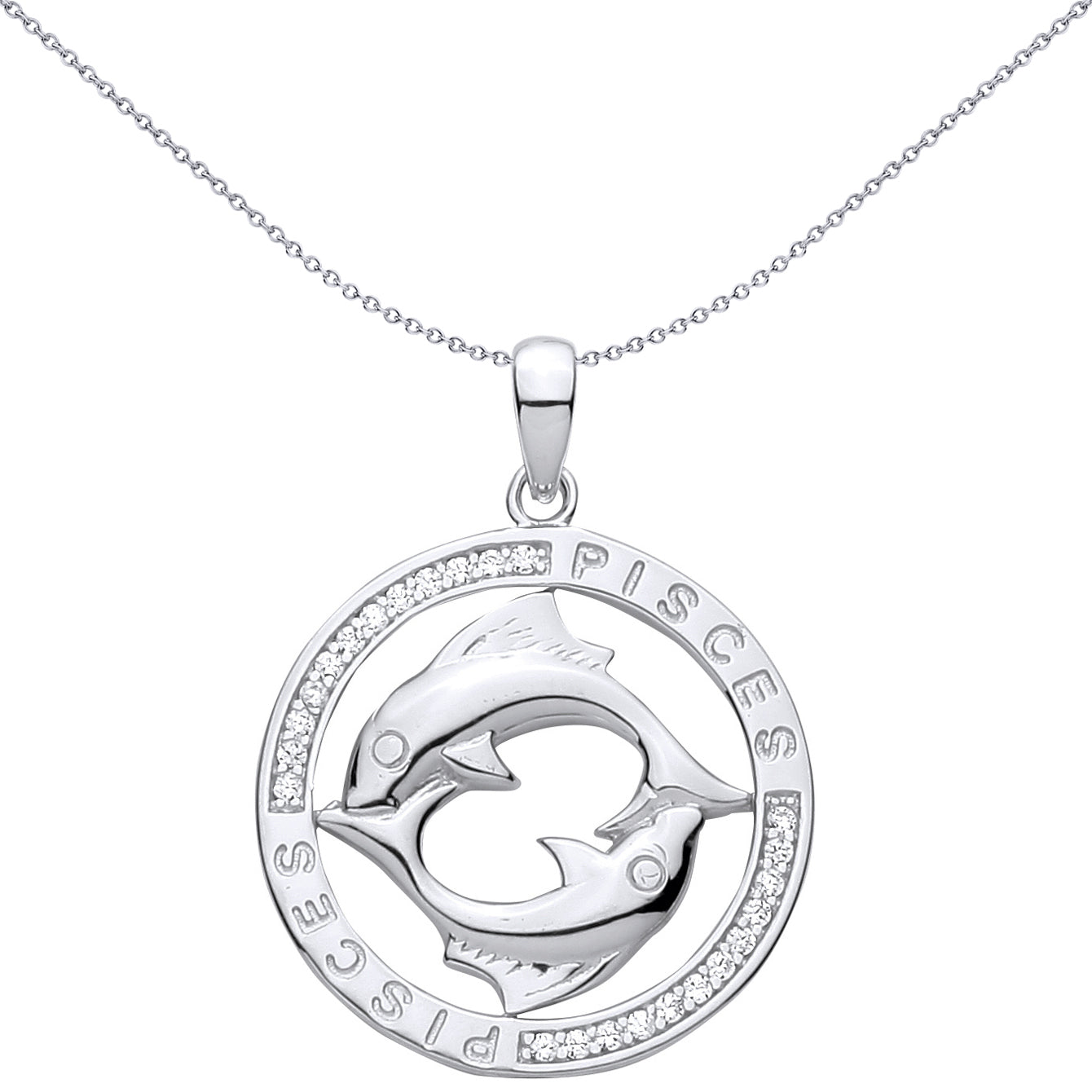Silver  CZ Semi-set Halo Circle Zodiac Pisces Fish Charm Pendant - GVP736PI