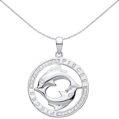 Silver  CZ Semi-set Halo Circle Zodiac Pisces Fish Charm Pendant - GVP736PI