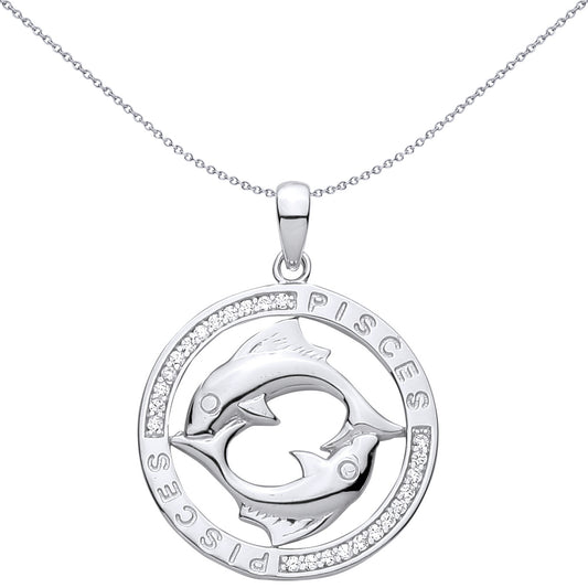 Silver  CZ Semi-set Halo Circle Zodiac Pisces Fish Charm Pendant - GVP736PI