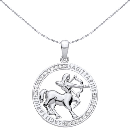 Silver  CZ Semi-set Halo Circle Zodiac Sagittarius Centaur Pendant - GVP736SA