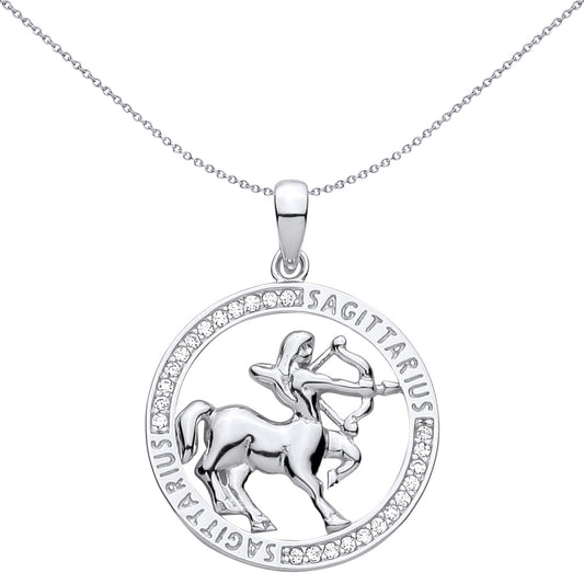 Silver  CZ Semi-set Halo Circle Zodiac Sagittarius Centaur Pendant - GVP736SA