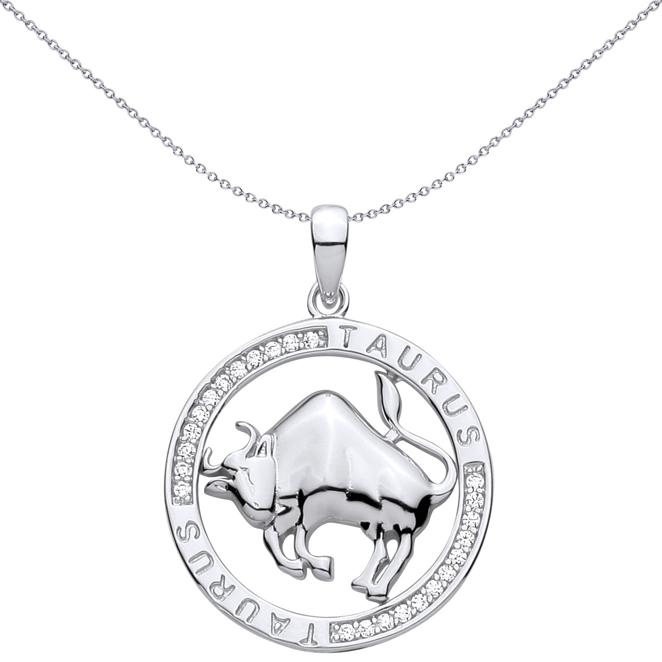 Silver  CZ Semi-set Halo Circle Zodiac Taurus Raging Bull Pendant - GVP736TA