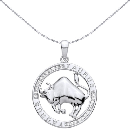 Silver  CZ Semi-set Halo Circle Zodiac Taurus Raging Bull Pendant - GVP736TA