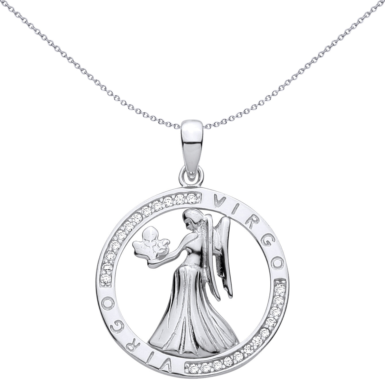 Silver  CZ Semi-set Halo Circle Zodiac Virgo Angel Charm Pendant - GVP736VI