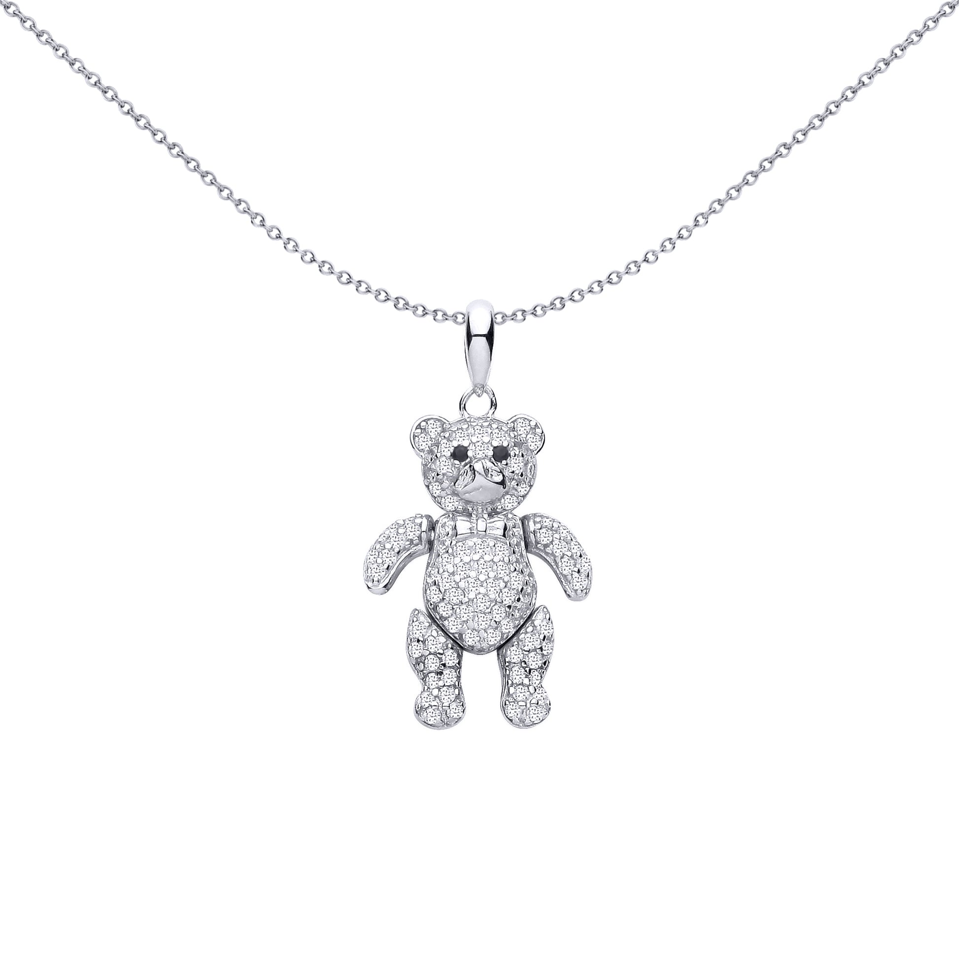 Silver  Black CZ Encrusted Moveable Teddy Bear Bowtie Pendant - GVP748