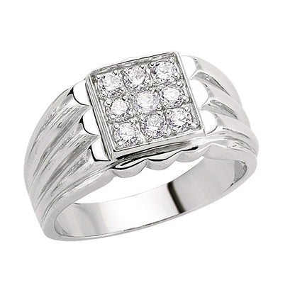 Mens Sterling Silver  CZ 9 Stone Cluster Signet Ring - GVR003