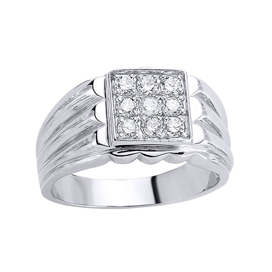 Mens Sterling Silver  CZ 9 Stone Cluster Signet Ring - GVR003