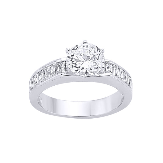 Silver  Baguette CZ Shoulder-Set Halo Solitaire Engagement Ring - GVR024