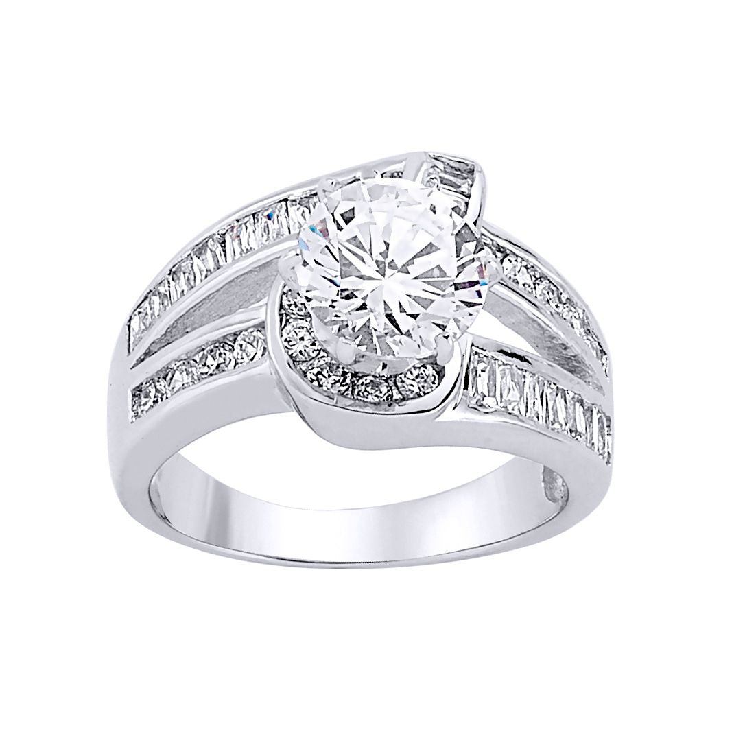 Silver  Baguette CZ Crossover Twist Solitaire Engagement Ring - GVR046