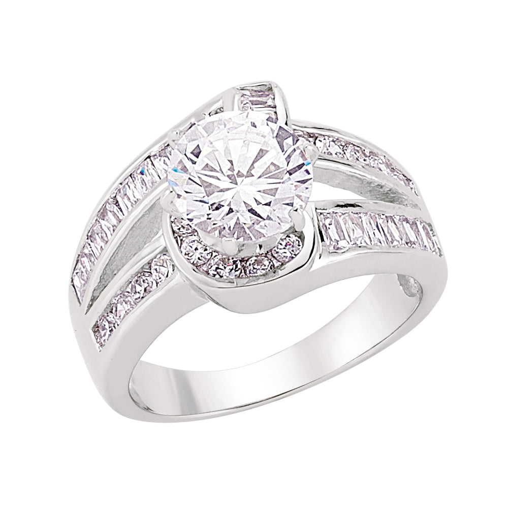 Silver  Baguette CZ Crossover Twist Solitaire Engagement Ring - GVR046