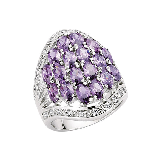 Silver  Violet and White Oval and CZ Cocktail Ring - GVR197