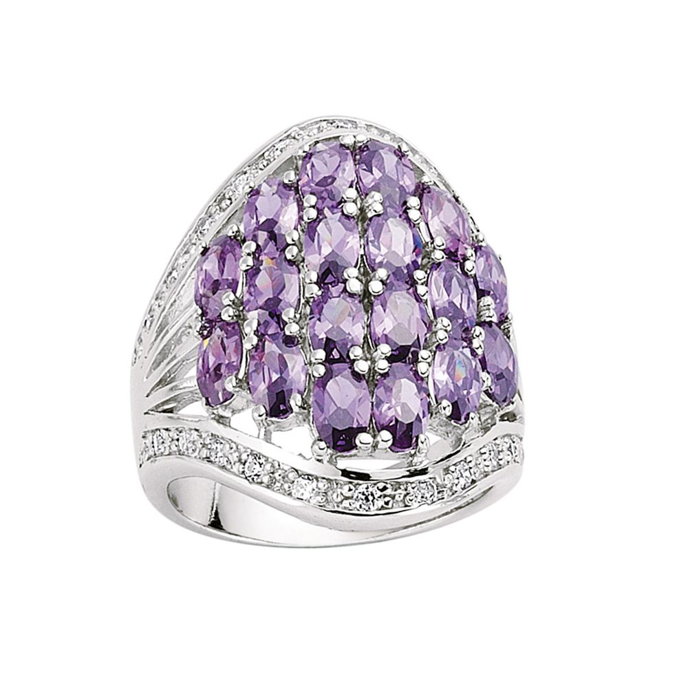 Silver  Violet and White Oval and CZ Cocktail Ring - GVR197