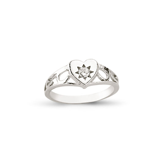 Girls Silver  CZ Solitaire Love Heart Signet Ring - GVR19K