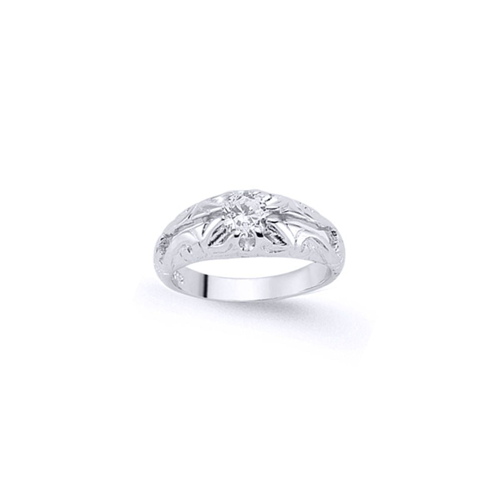 Boys Silver  CZ Gypsy Carved Solitaire Ring - GVR1K