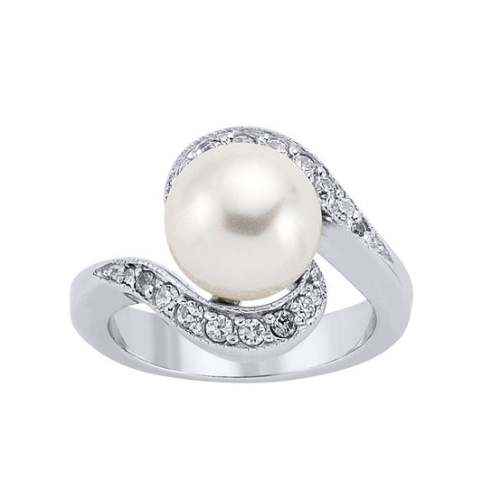 Silver CZ Pearl Tornado Spiral Full Moon Dress Ring 11mm - GVR231