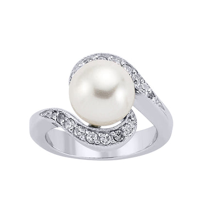 Silver  CZ Pearl Tornado Spiral Full Moon Dress Ring 11mm - GVR231