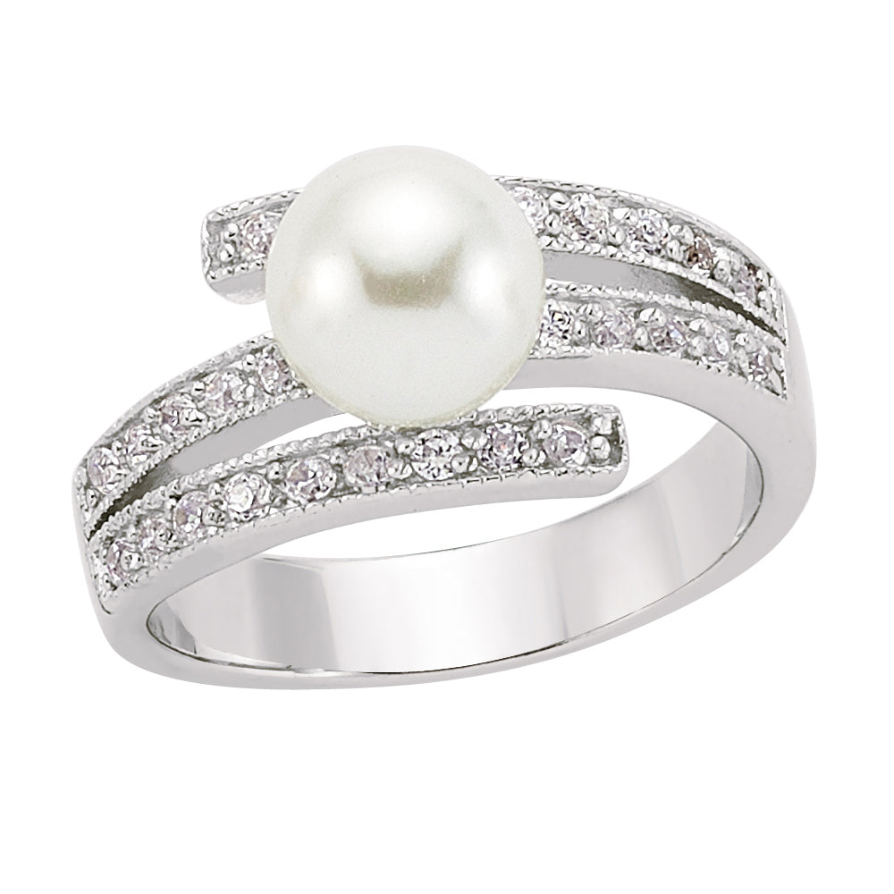 Silver  CZ Pearl Crossover Full Moon Dress Ring 9mm - GVR232