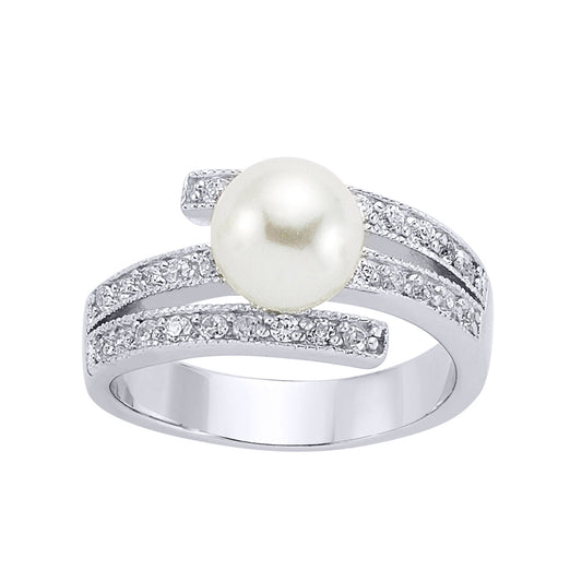 Silver  CZ Pearl Crossover Full Moon Dress Ring 9mm - GVR232