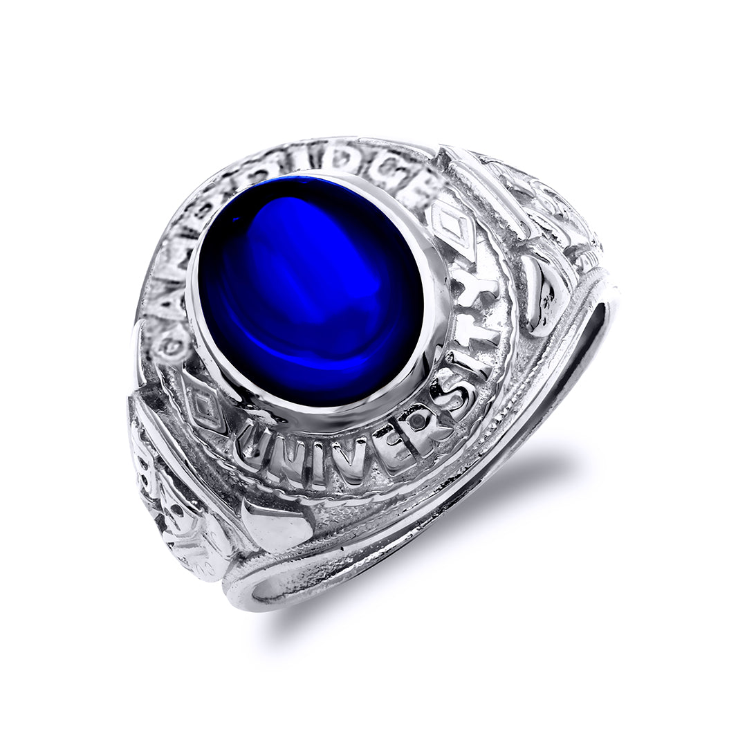 Mens Silver  Sapphire-Blue CZ Cambridge University College Ring - GVR284