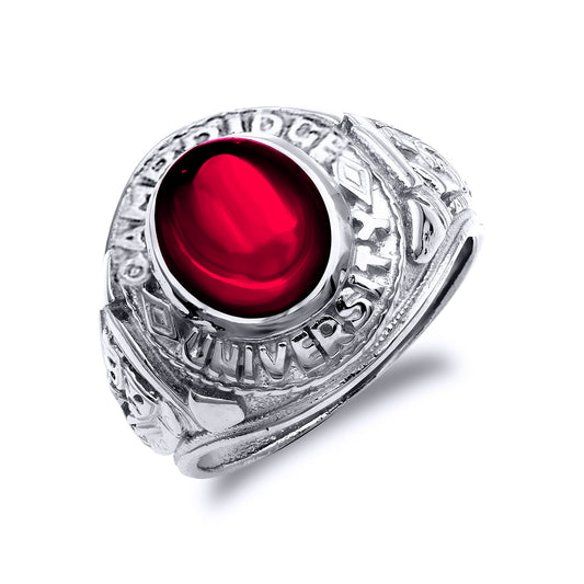 Mens Silver  Ruby-Red Oval CZ Cambridge University College Ring - GVR285